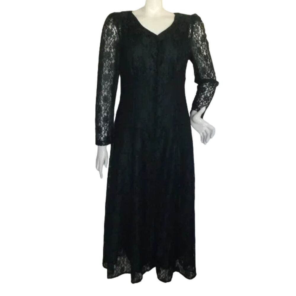 DANA SCOTT Lace Midi Dress, S, Forest Green, Button front, Slip under, Vintage